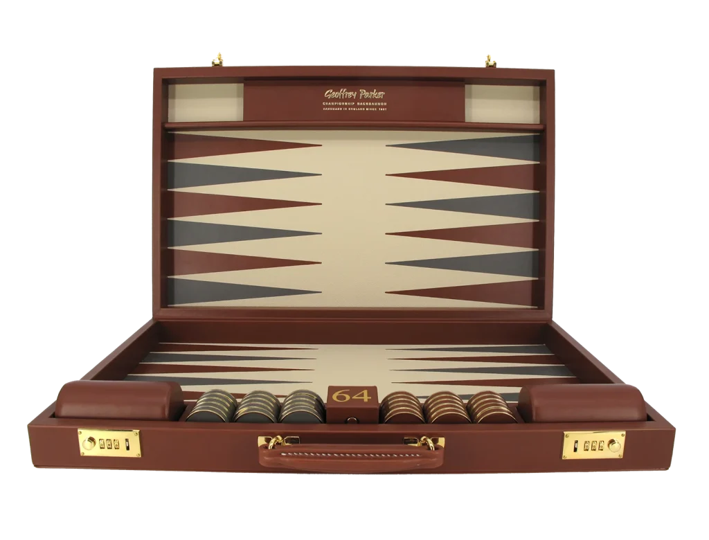 Elegant luxury backgammon set with wooden case and classic design for sophisticated gaming.