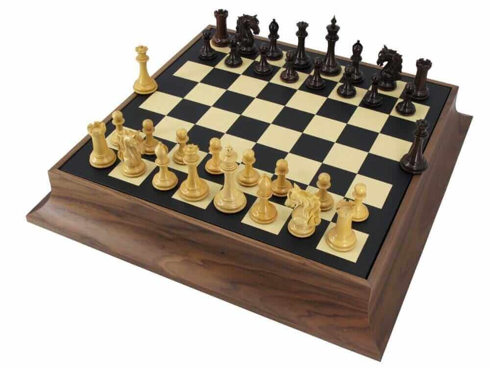 Luxurious wooden chess table with elegant antique-style chess pieces for strategic gameplay.